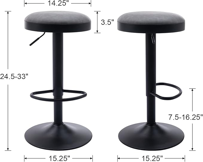 EALSON Modern Swivel Bar Stools Set of 2 Adjustable Counter Height Backless Barstools with Metal Base Leather Upholstered Round Bar Stool Chairs for Kitchen Island/Pub/Breakfast Bar, Grey