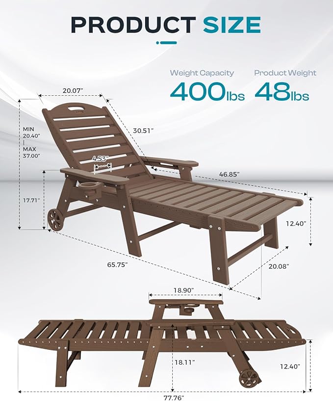 Ciokea Outdoor Lounge Chair HDPE Chair with Rolling Wheels & Cup Holder, 5 Position, Deck, Pool, Dark Brown