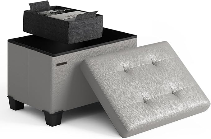 Storage Ottoman Cube with Small Bin, 16-in Square Ottoman with Storage for Living Room and Bedroom, Small Ottomans Foot Rest, Faux Leather Foot Stools Ottomans Max 330lbs, Light Grey