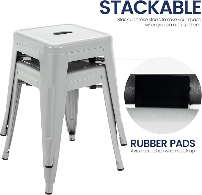 Brage Living 18 Inch Industrial Metal Stools Set of 2, Short Stackable Classroom Stools, Backless Metal Dining Chairs for Indoor Outdoor Kitchen (Pearl Silver)