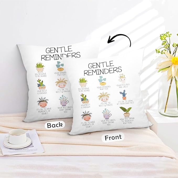 uinwk Mental Health Pillow Covers 18x18,Positive Affirmations Pillows,Therapy Office Pillow Covers,Gentle Reminders Plant Feelings Throw Pillow Case,Gifts for Teens Women Girls