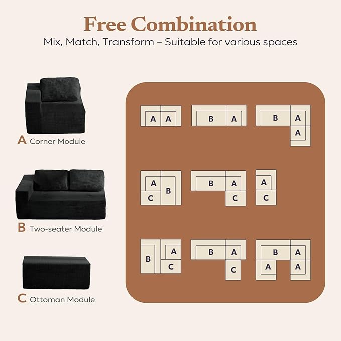 Furnify 40" Modular Upholstered Foam Couch, Upholstered Floor Sofa Couch with Pillow, Single Sofa for Bedroom Living Room, No Assembly Required (Corduroy Fabric, Black)
