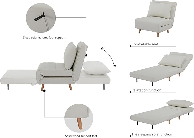 CITTANEO 31" Convertible Sleeper Chair, 3-in-1 Foldable Chair Bed with Pillow, 3-Position Adjustable Backrest, Single Sofa Bed for Apartment, Office, Beige