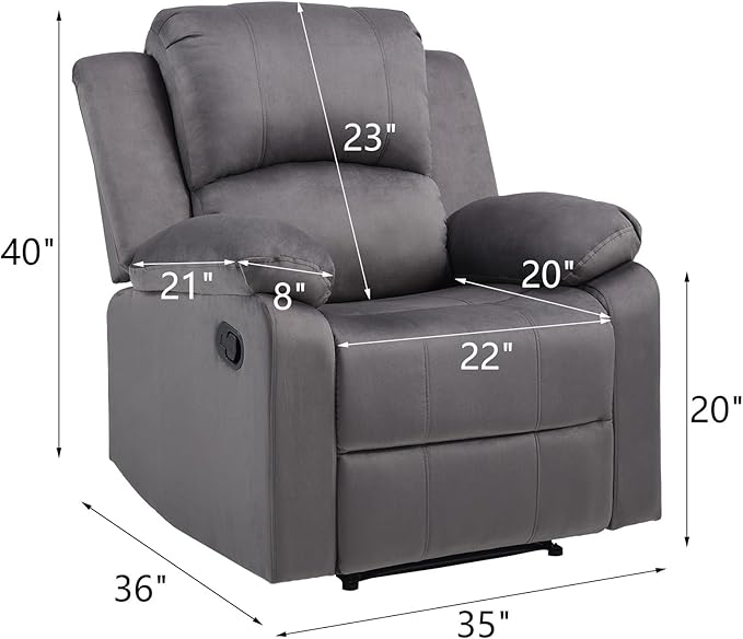 CANMOV Manual Recliner Chair Set of 2, Soft Fabric Overstuffed Recliner Single Sofa Chair for Living Room Bedroom, Heavy Duty and Safety Reclining Mechanism, Dark Grey