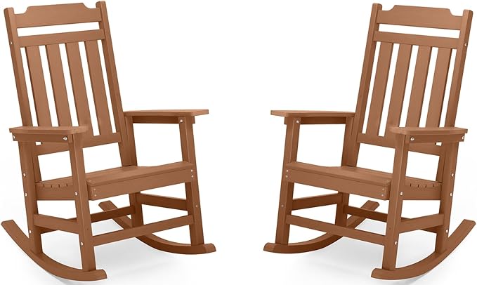 hOmeQomi Rocking Chairs Set of 2, All Weather Resistant Poly Lumber Outdoor Porch Rocker, Rocking Chairs for Outdoor, Indoor, Patio, Deck, Garden, Backyard, Load Bearing 380 lbs - Teak