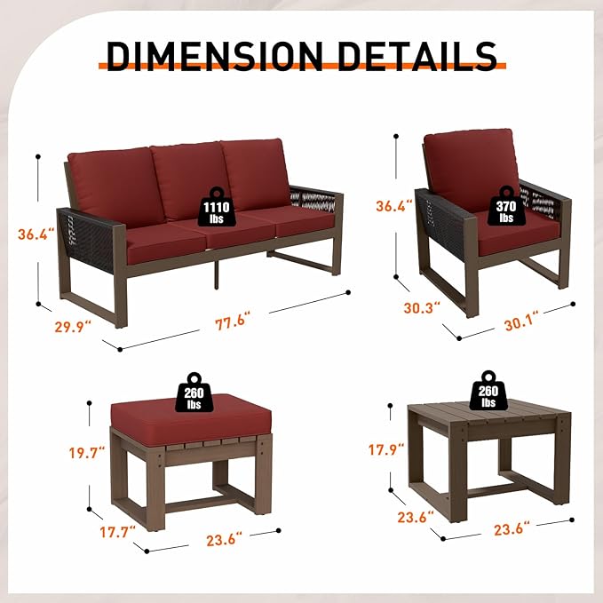 INTER HUT Rustic Hideaway Natural Cedar Wood Outdoor Furniture Set, Wicker Patio Conversation Set for Porch Garden Backyard, Couch, 2 Patio Chairs, Side Table and 2 Ottomans, 6 Piece, Brownish/Red