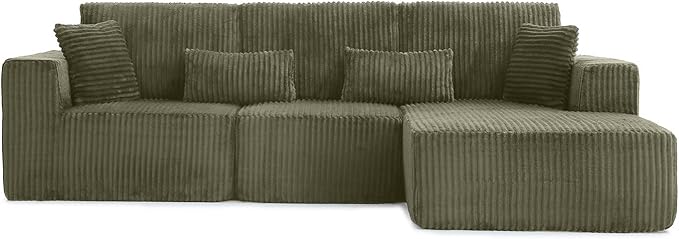 110" Cloud Sectional Couch, Modular Sectional Sofa with Deep Seat, Corduroy Upholstered Boneless Couch for Living Room Bedroom, Right Facing Chaise (Green)