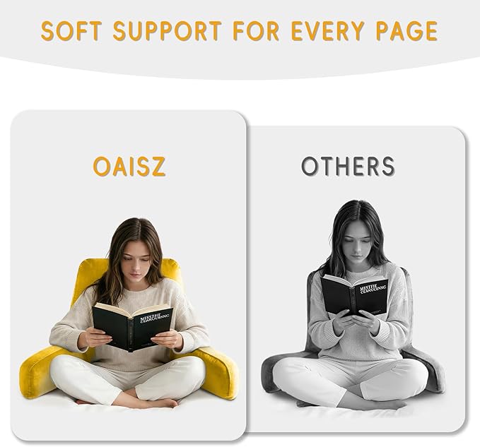 OAISZ Reading Pillow for Sitting in Bed Adult, X-Large Reading Pillow with Shredded Memory Foam, Back Pillow for Sitting Up with Extend Arms, Pockets, Bed Pillow with Washable Cover, Yellow
