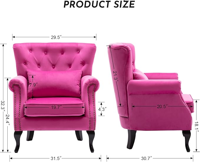 LZAREAL Accent Reading Arm Chairs for Living Room Bedroom, Midcentury Modern Comfy Corner Sofa Chair, Wingback Waiting Room Club Chair with Button Tufted Back &Lumbar Pillow, Velvet Rose