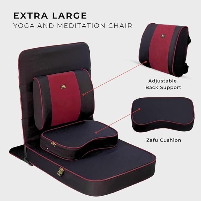 Friends of Meditation Extra Large Meditation Chair | Floor Chair with Back Support | Yoga Chairs for Adults | Portable Folding Chair | Yoga Chair with Cushion & Meditation Block | Black | 24x22 in