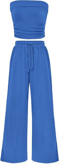 PRETTYGARDEN Womens Summer Outfits 2 Piece Sets Casual Ribbed Knit Crop Tube Top Wide Leg Pants Spring Matching Lounge Set