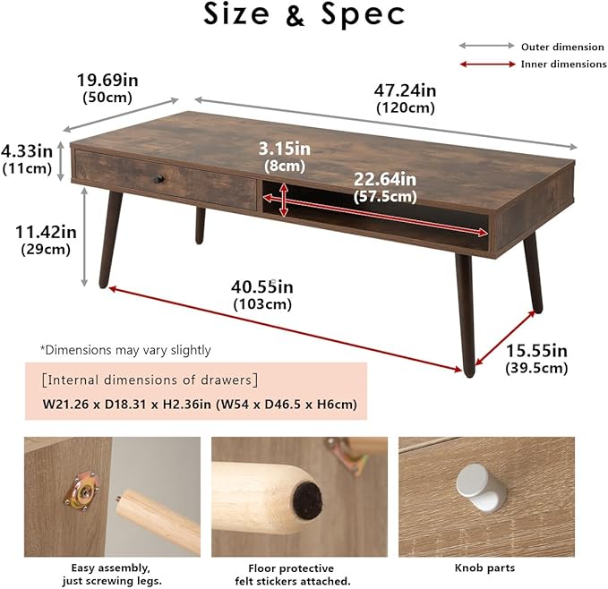 EMOOR Wooden Small Coffee Table with Storage Rectangle Large (47.2"x19.7") Rustic Brown, Floor Sitting Low Table Small Space Minimalist Japanese Tatami Room