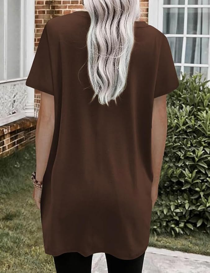 Poetsky Summer Womens Tunic Tops for Leggings with Pockets Short Sleeve Casual Long T Shirts S-3XL