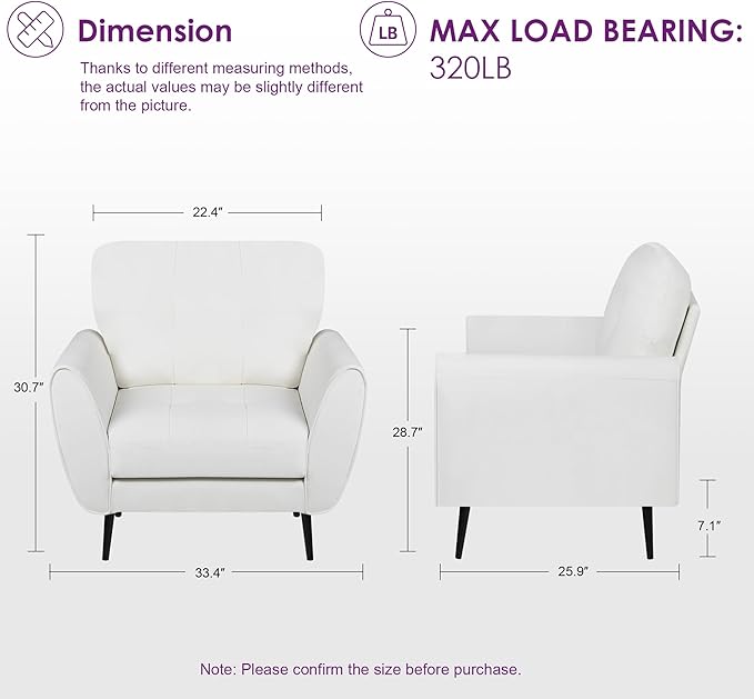TYBOATLE Accent Chairs Set of 2, Comfy Modern Living Room Chair White Faux Leather Reading Accent Chairs Tufted Mid Century Arm Chair Small Salon Chairs for Office Bedroom (2, White)