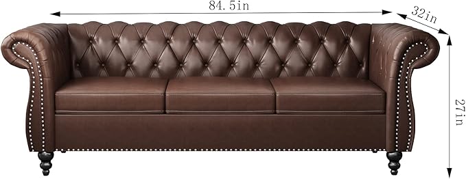 QHITTY Accent Large Sofa, Chesterfield Couch 3 Seater Modern Leather Couch Upholstered Sofa with Tufted Back for Living Room Furniture (Dark Brown)