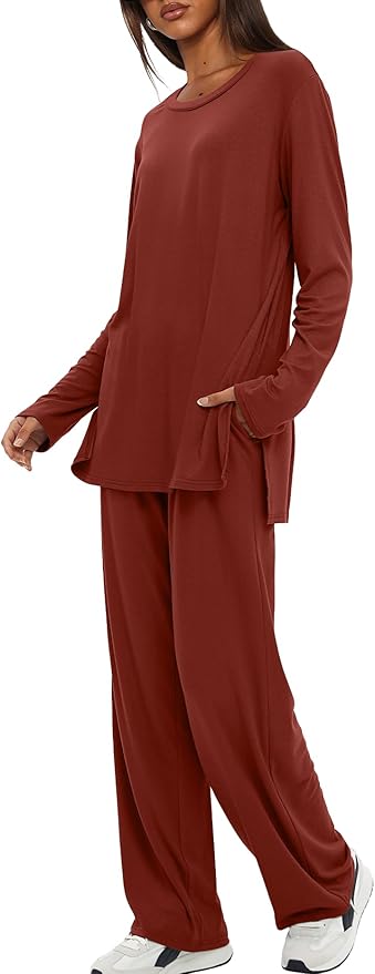 Darong Women's 2 Piece Lounge Set Casual Long Sleeve Crew Neck Tops Wide Leg Pants Travel Airport Outfit Matching Sets