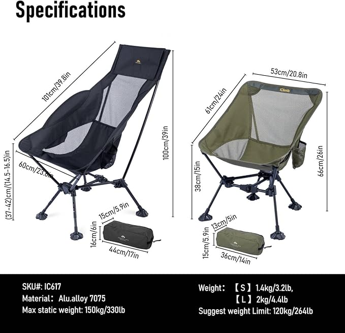 iClimb Ultralight Compact Camping Folding Beach Chair with Anti-Sinking Large Feet (Black - Triangular Frame High Back)