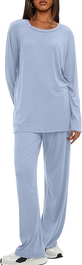 Darong Women's 2 Piece Lounge Set Casual Long Sleeve Crew Neck Tops Wide Leg Pants Travel Airport Outfit Matching Sets