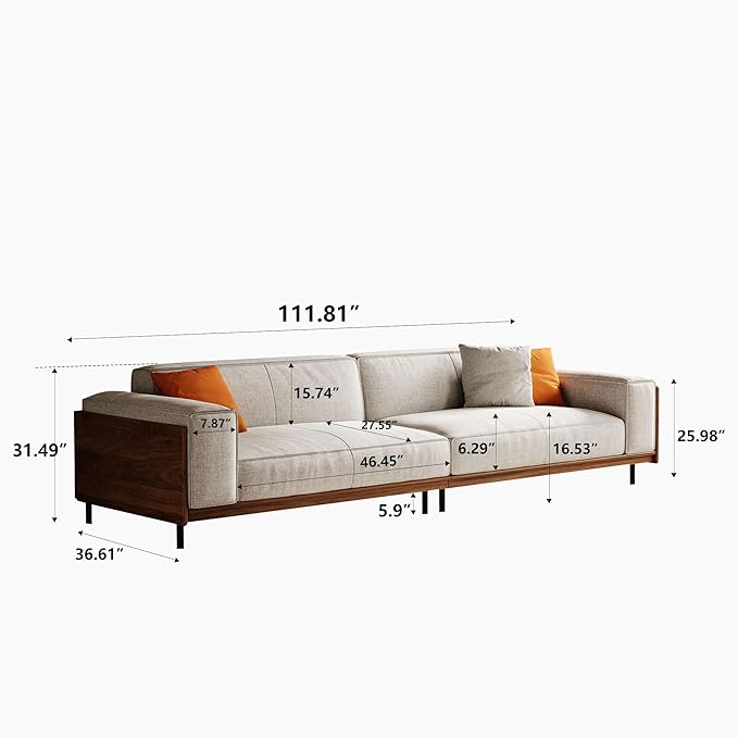 NessCarsti Modern 4-Seater Upholstered Fabric Sofa for Living Room –111.81 inch Comfortable Timecloud Couch with Wood Frame and Metal Legs, Easy Assembly, Ideal for Office, or Living Room, Gray