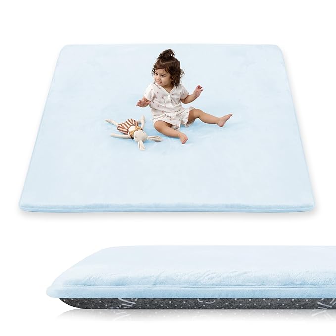 PaPaMat 1.5" Thick Baby Play Mat for Floor, 50x50 Playpen Mat, Pro Soft Flannel Foam Mats Toddler Infant Kids Crawling for Nursery Rug Playroom Living Room Waterproof Easy Care Non-Slip (Baby Blue)