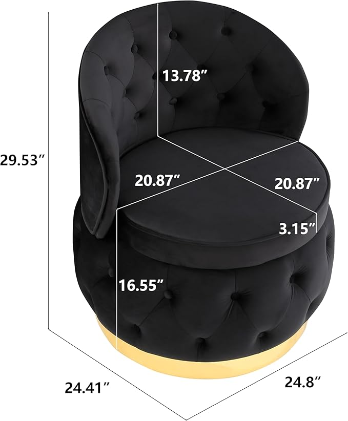 Barrel Chair with Storage, Velvet Round Armchair with Wheels, Soft Tufted Upholstered Easy Chair Tub Chair for Small Space, Living Room, Bedroom, Office, Waiting Room (Black)