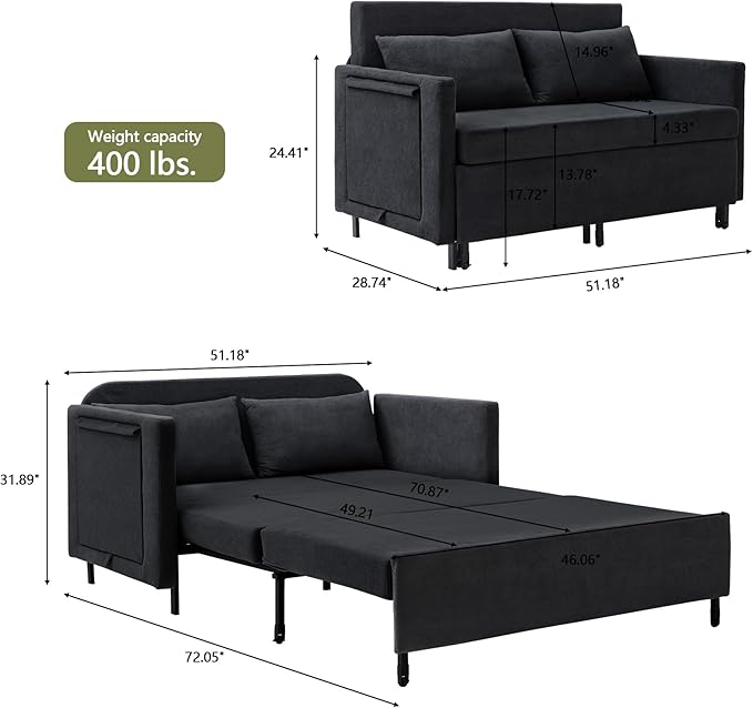 QHITTY Pull Out Couch Bed, 2-in-1 Sleeper Sofa Small Loveseat Bed with Hidden Side Table and Iron Frame for Living Room, Small Space, Apartment (Black)