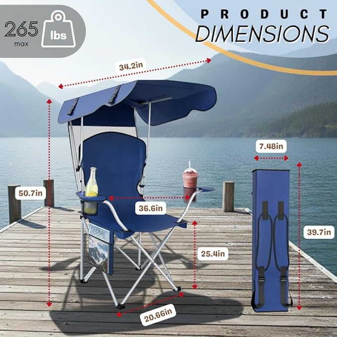 CozyBox Portable Folding Camping Chairs with Canopy Shade, Beach Chair for Adults, Durable Weather Resistant 600D Oxford Cloth, Camping Chair with Canopy for Outdoors [Navy]