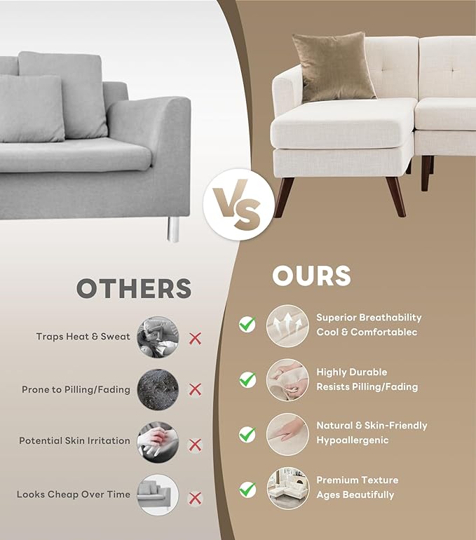 Tbfit L Shaped Couch Sofa, 80" W Mid-Century Modern Sectional Couches, 3 Seater Sofas with Wide Chaise Lounge, Button Tufted Upholstered Sectional Sofa for Living Room, Bedroom, Beige | linen fabric, button tufted, solid wood foot, pocket spring, wood ...