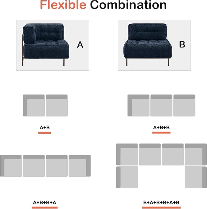 MCombo Modular Sofa Couch with Removable Cushion, Accent Sofa Chair, Upholstered Sofa for Living Room, Apartment, Office (Blue, Middle Seat)