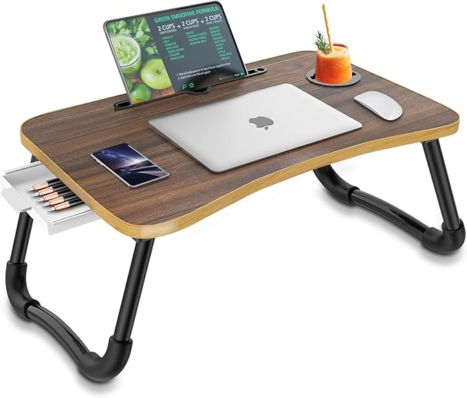 Zapuno Foldable Laptop Bed Table Multi-Function Lap Bed Tray Table with Storage Drawer and Water Bottle Holder, Serving Tray Dining Table with Slot for Eating, Working on Bed/Couch/Sofa