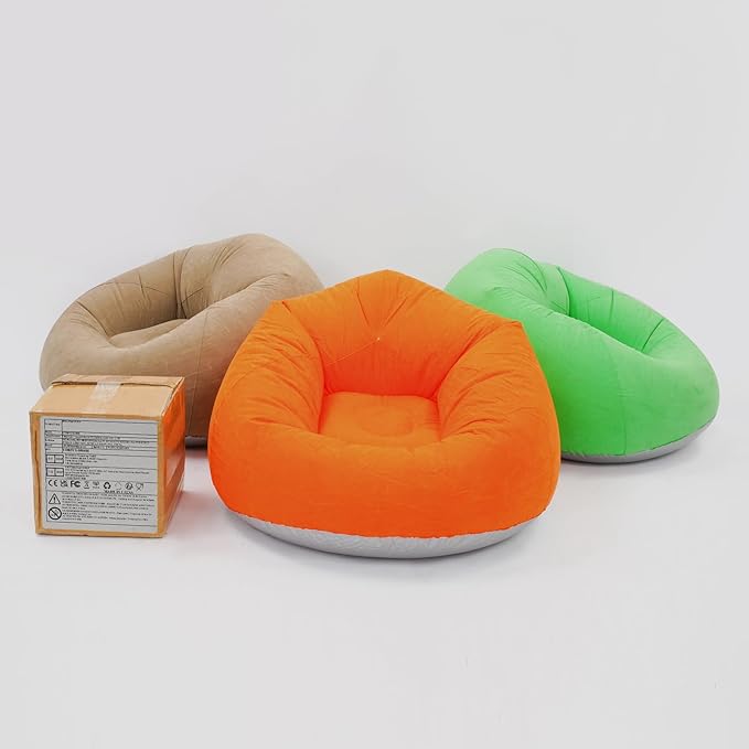 6 Pcs Bean Bag Chairs for Adults, Inflatable Chairs with Foot Pump, Folding Blow Up Couch, Flocking Portable Lazy Sofa for Movie Night, Living Room, Camping, 220 lbs Load Capacity (Brown+Green+Orange)