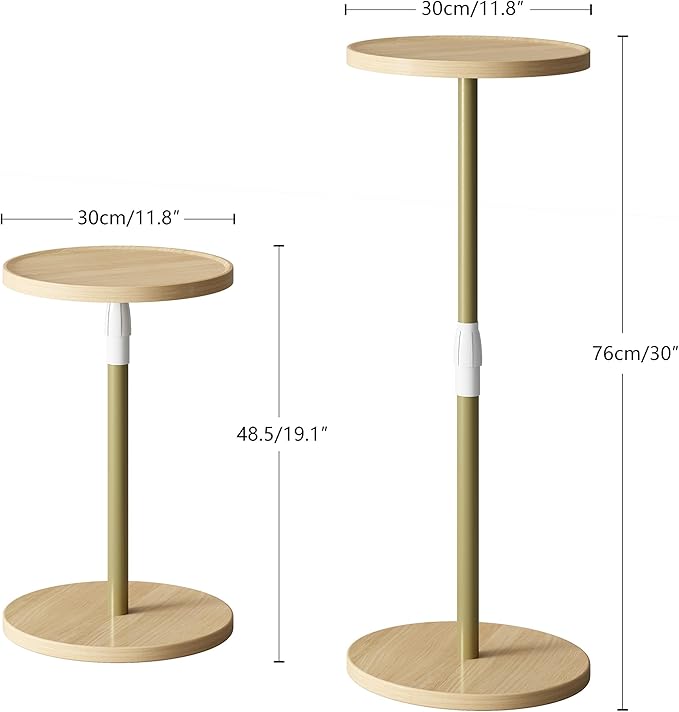 IRCPEN Adjustable End Table, Small Round Side Table, Drink Table for Small Spaces, Pedestal Nightstand for Living Room, Bedroom, Sofa Couch, Natural ET-010YW