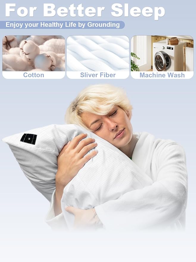 YOUBLAO Grounding Pillowcase, 90% Organic Cotton and 10% Silver Fiber Grounding Pillow Case with 15ft Grounding Cord, White Sleep Pillow 20x30 inch for Improve Sleep Improving Energy