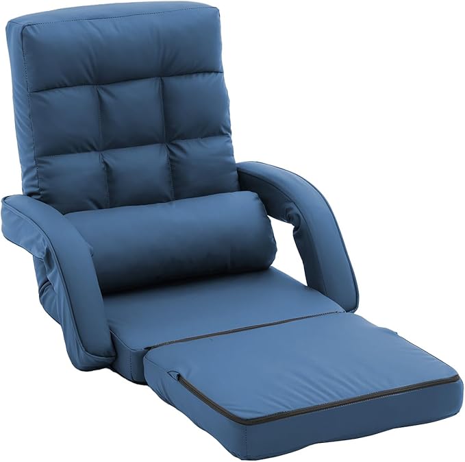 FLOGUOR 14-Position Adjustable Floor Chair, Chaise Lounge Indoor, Folding Lazy Sofa with Armrests and a Pillow Padded Adults Gaming Chairs for Living Room, Bedroom Factory Price,8803 (Blue（PU）)