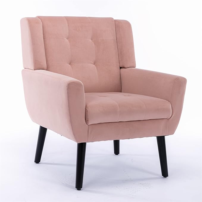 OO BY ORANGE ONLINE Velvet Accent Chair, Mid-Century Modern Tufted Armchair for Living Room, Bedroom & Office (Pink)