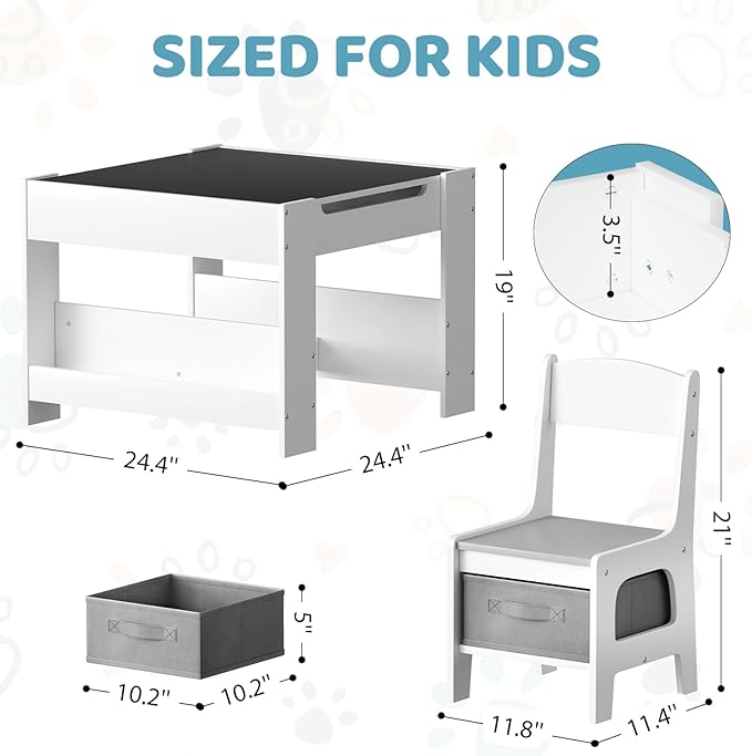 Arlopu Kids Table and Chairs Set, 4 in 1 Toddler Art Desk with Storage Drawer, Wooden Activity Deskboard, Blackboard, Reversible & Detachable Tabletop, Bookshelf for Drawing, Reading (Grey & White)