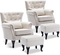 LZAREAL Accent Reading Arm Chairs with Ottoman Set of 2 for Living Room Bedroom, Midcentury Modern Corner Sofa Chair, Wingback Waiting Room Club Chair with Tufted Back &Lumbar Pillow, Linen Beige