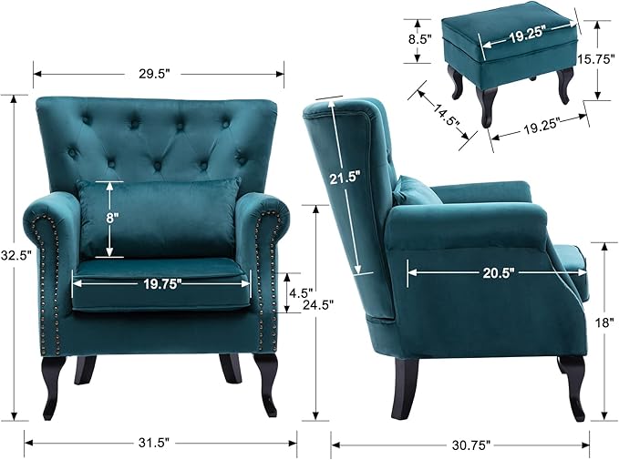 DM Furniture Accent Chairs with Ottoman Set of 2 Velvet Wingback Club Chair Upholstered Reading Chair Lounge Chairs with Wood Legs/Button Tufted Back for Bedroom Living Room, Teal Blue