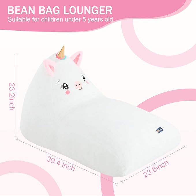 COMAX Unicorn Bean Bag Chairs for Kids, Large Kid Beanbag Chair with Filler, Big Toddler Lounge Bean Chair, Children Lazy Floor Lounger for Girls Boys, White