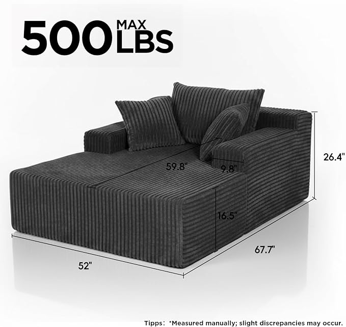 Sytopia Chaise Lounge with Armrests, Oversized Sofa Bed with 3 Pillows, Cozy Boneless Couch, Sleeper Reading Chair for Living Room Bedroom, Floor Sofa Corduroy, Furniture Sala, Volcanic Ash