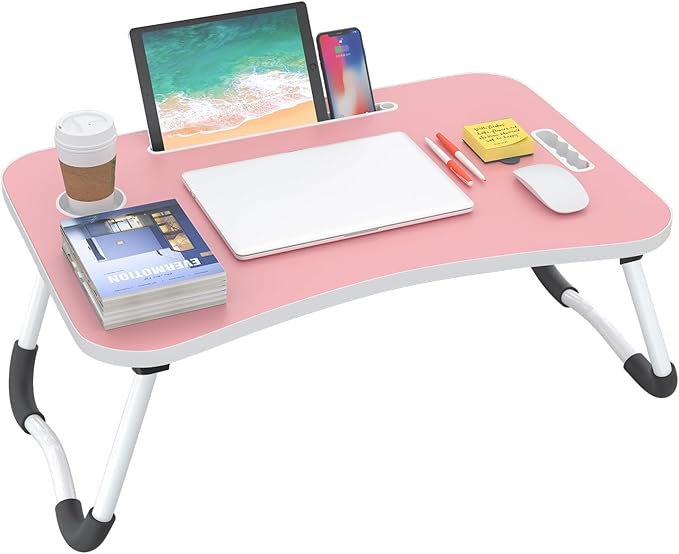 BUYIFY Folding Lap Desk, 23 Inch Portable Wood Blue Laptop Bed Desk Lap Desk with Cup Holder, for Working Reading Writing, Eating, Watching Movies for Bed Sofa Couch Floor -new008 Pink