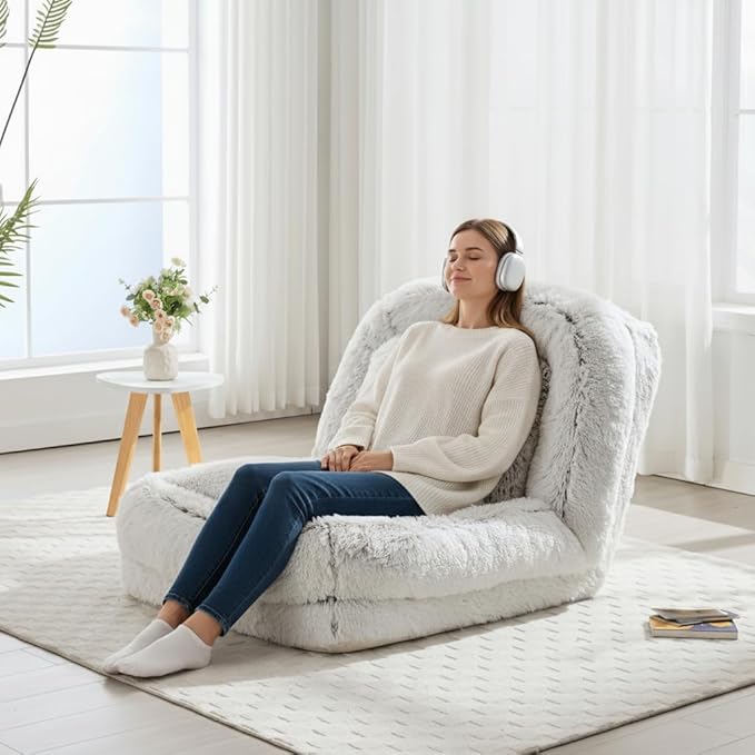 Foam Filled Bean Bag Chair for Adults with 2 Pillows, Upgraded Adjustable Human Dog Bed for Adults Comfy Lazy Floor Sofa Folding Chair with Washable Cover for Living Room Bedroom, White Furry