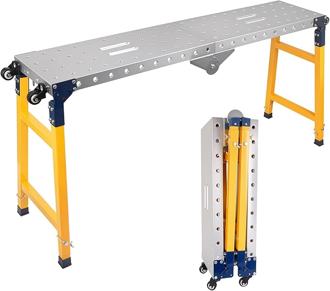 Portable Folding Welding Table, 65" x 14" Adjustable Height Work Platform with 360° Casters, Heavy-Duty 2500LBS Load Capacity Carbon Steel Work Bench for Painting, Interior Decoration (Yellow)