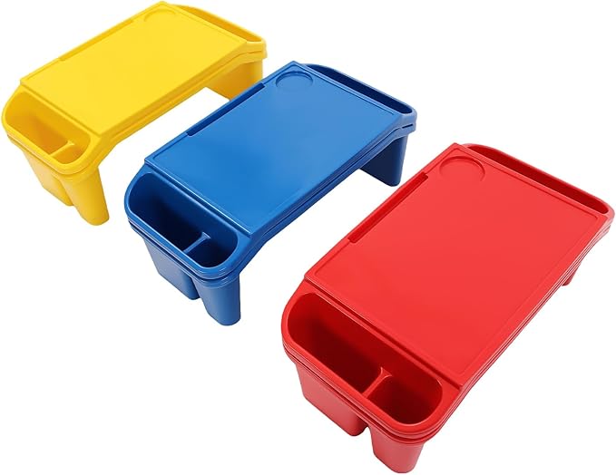 6 Pcs Kids Lap Desk Tray, Plastic Breakfast Lap Desk Trays with Storage Slots, Portable Stackable Lap Tray Tables for Writing Drawing Classroom, 19.69" L x 9.84" W x 7.1" H (Red+Blue+Yellow)