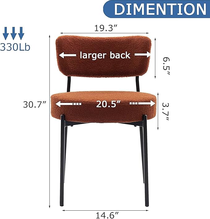 Stabrech Brown Boucle Dining Chairs Set of 6, Upholstered Dinner Chair with Metal Frame, Dining Room Chairs with Padded Seat, Round Modern Seating for Living Room