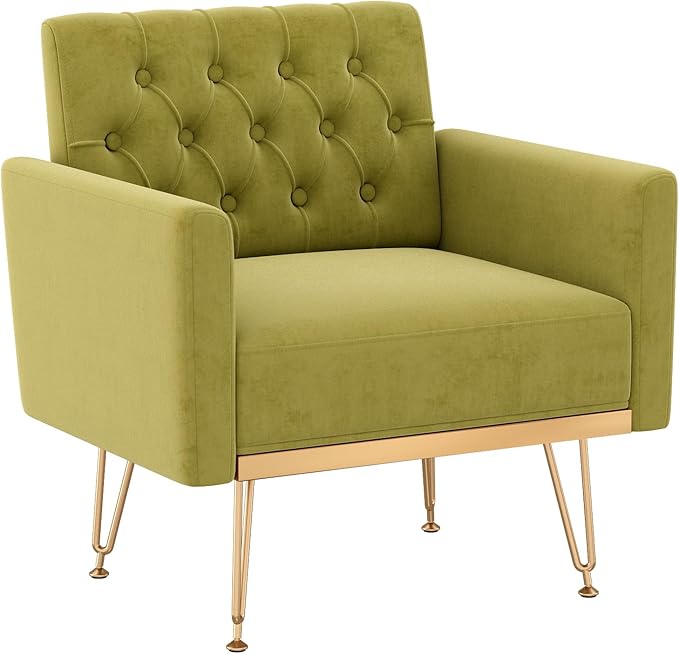 Accent Chair for Living Room, Comfy Oversized Velvet Upholstered Arm Chairs, Mid Century Modern Reading Single Sofa Side Chair with Tufted Back and Gold Legs for Bedroom (1, Olive Green)