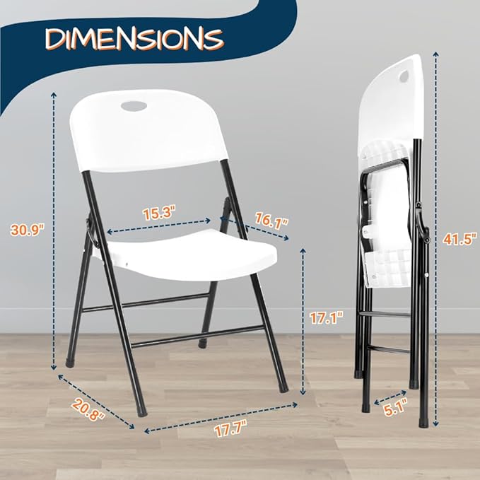 EZONE (2pcs Heavy Duty Plastic Foldable Chair for Adults, Portable Outdoor Seating for Wedding, Event, Party, Backyard, Patio, or Dining Use, Comfortable Stackable Design (White, 2 Pack)