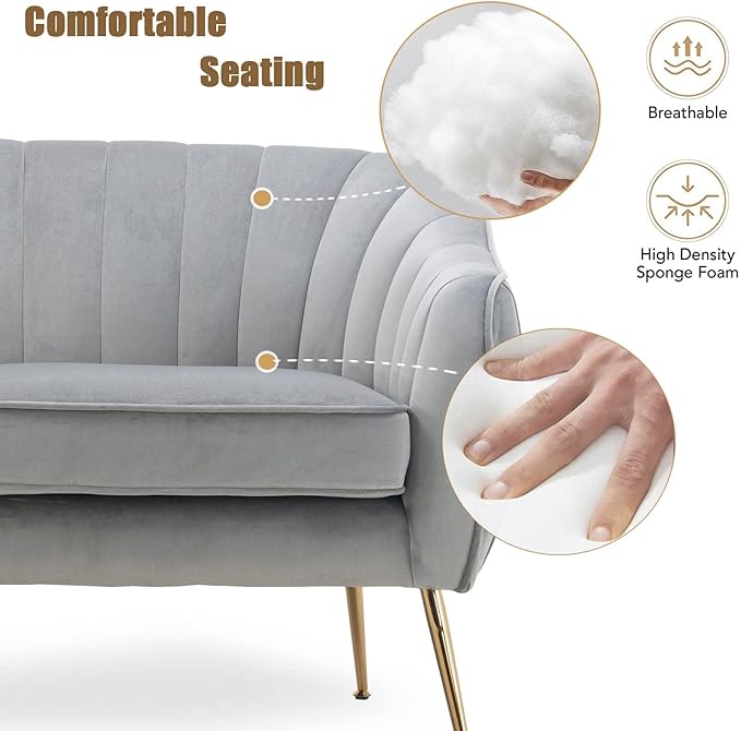 Altrobene Velvet Couch Sofa Chairs for Two People, Modern Loveseat for Living Rooms, Bedrooms, Small Spaces, Golden Finished, Grey