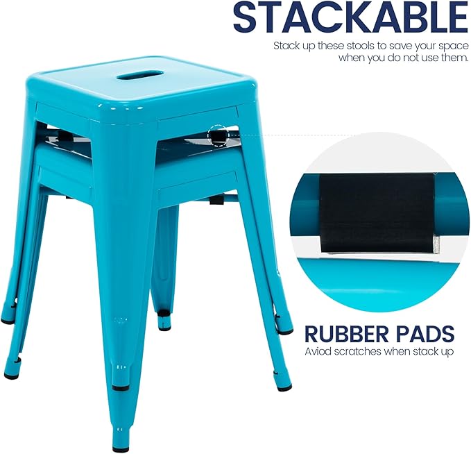 Brage Living 18 Inch Industrial Metal Stools Set of 2, Stackable Classroom Stools, Backless Metal Dining Chairs for Indoor Outdoor, Kitchen Short (Teal Blue)