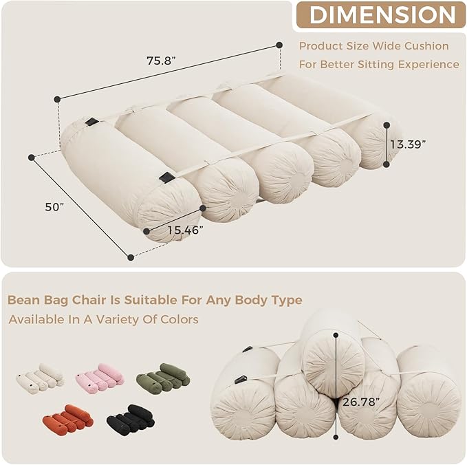 Ekskiei Bean Bag Chair, Corduroy Sectional, Flexible Floor Seating Lazy Sofa, Soft Foam Filled Lounger, Non-Removable Cover, Reconfigurable Design,Living Room,Bedronm&Offices,Beige